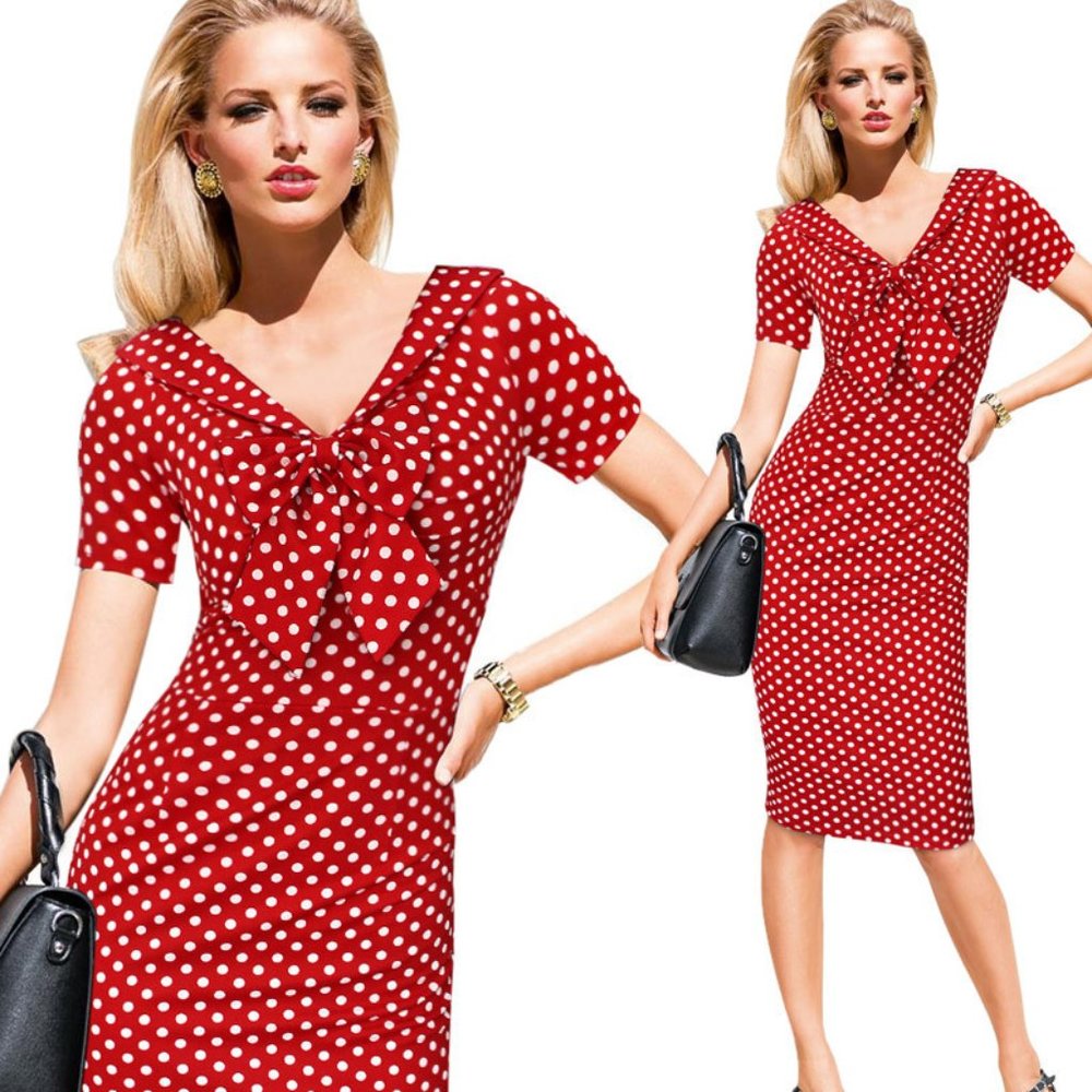 Pinup Rockabilly Bow Polka Dot Pencil Dress